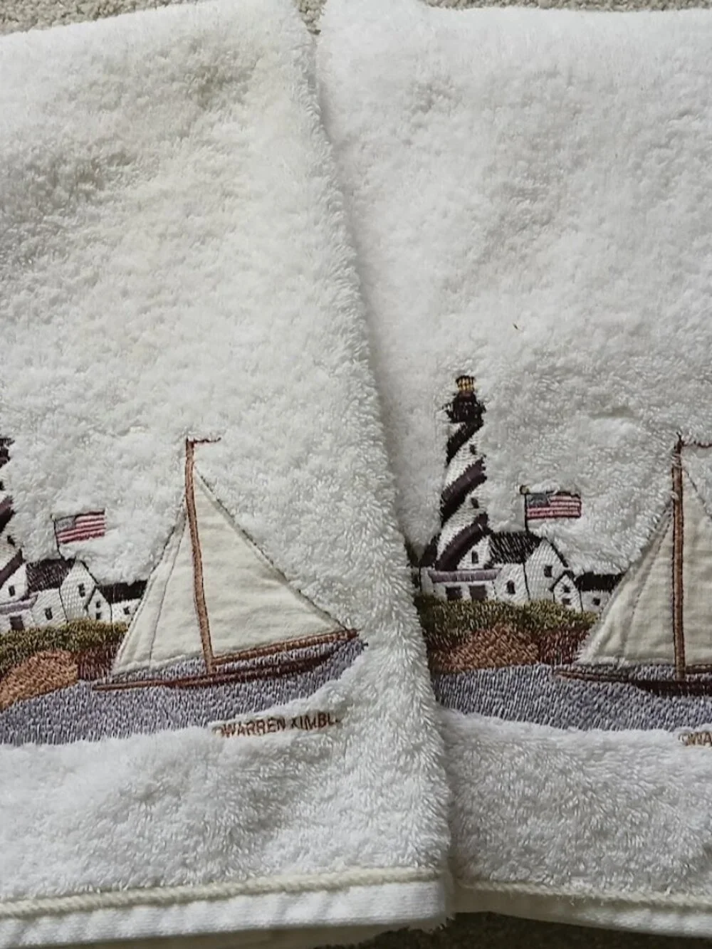 Vintage WARREN KIMBLE Bath Towel Set Lighthouse Americana Design